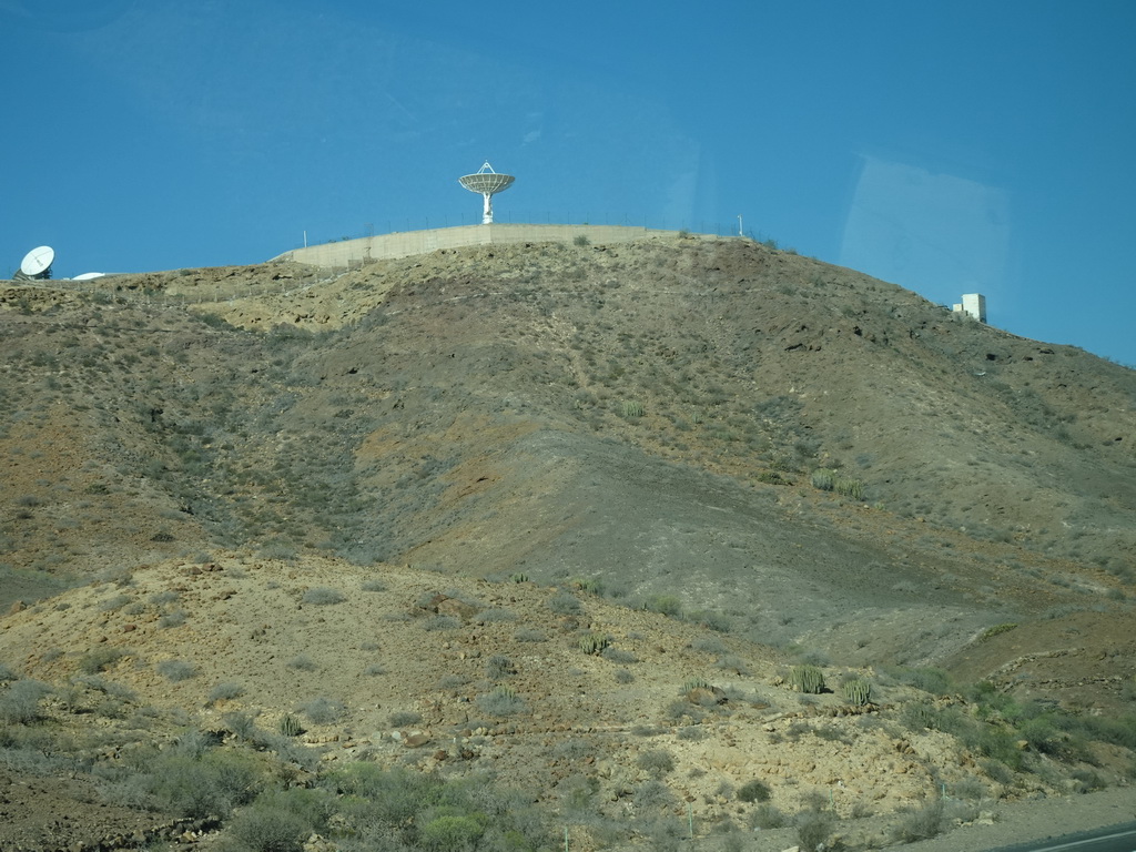 The INTA Estacion Espacial de Maspalomas space communication station, viewed from the tour bus from Maspalomas on the GC-1 road