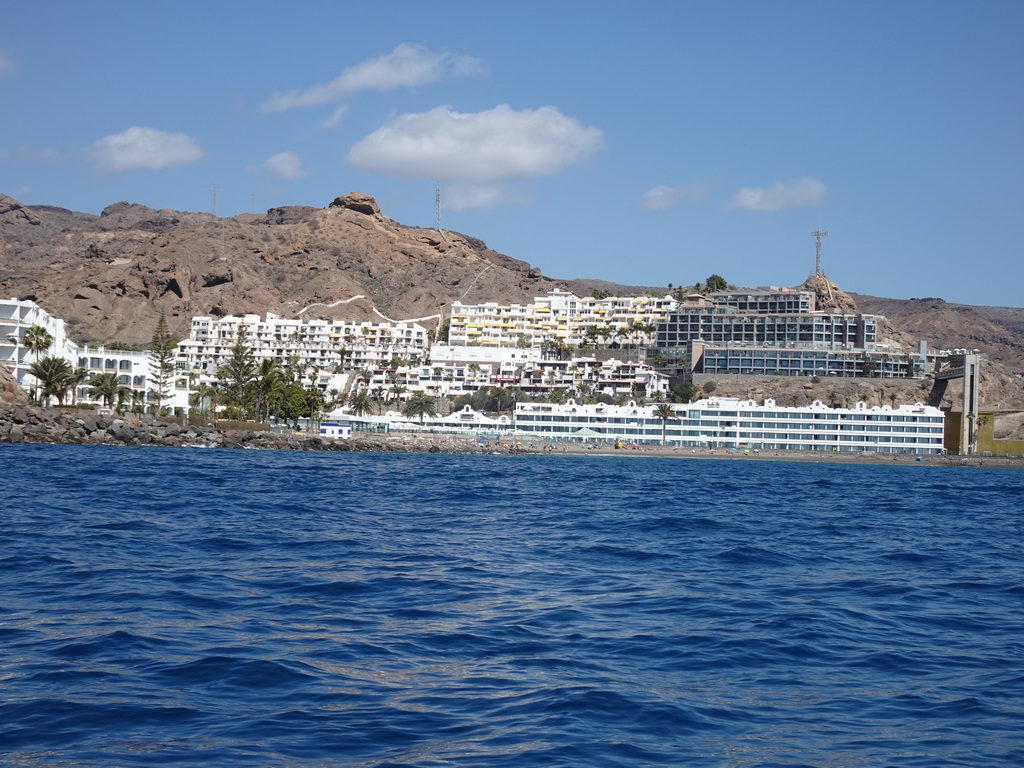 Hotels at the Playa de Tauro beach, viewed from the Sagitarius Cat boat