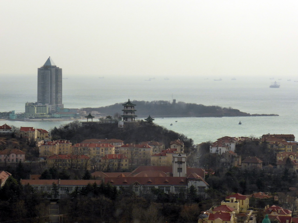 Xiaoyushan Park with its pagodas and surroundings and Huiquan Bay, viewed from the rotating sightseeing tower at the Xinhaoshan Park