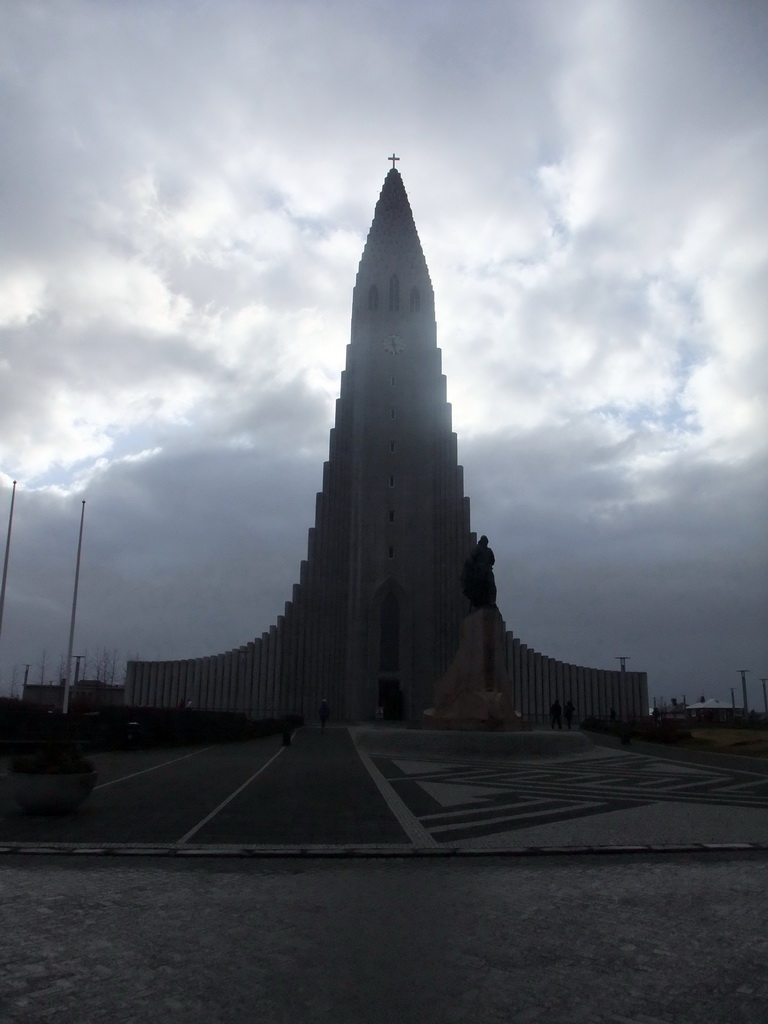 Statue of Leif Ericson at the Eriksgata street and the front of the Hallgrímskirkja church