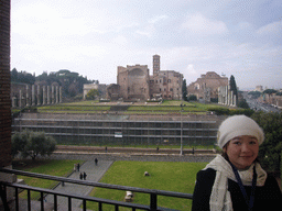 Miaomiao and a view from level 1 of the Colosseum on the Temple of Venus and Roma, the Via Sacra and the Arch of Titus at the Forum Romanum