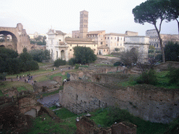 The Forum Romanum, with the Santa Francesca Romana church and the Arch of Titus, and the Colosseum, from the northern slope of the Palatine Hill