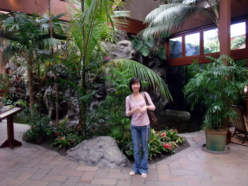 Mengjin with plants and waterfall inside the Catamaran Resort Hotel and Spa