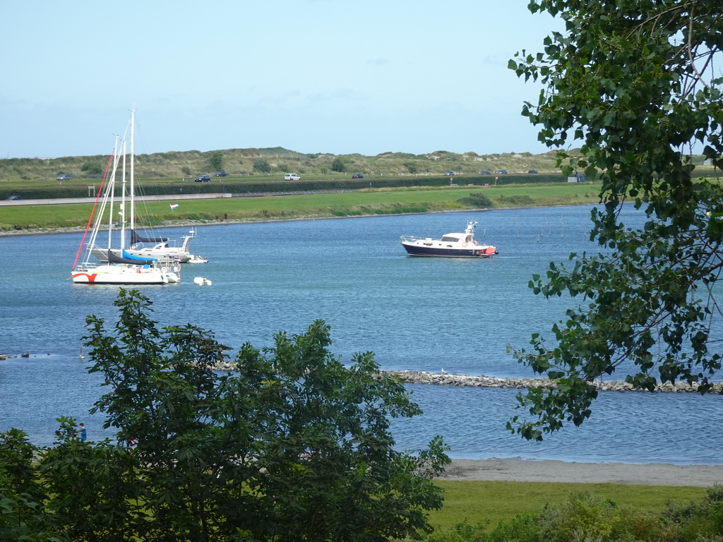 The Brouwersdam and boats in the Grevelingenmeer lake, viewed from the staircase from the Rampweg road to the West Repart beach