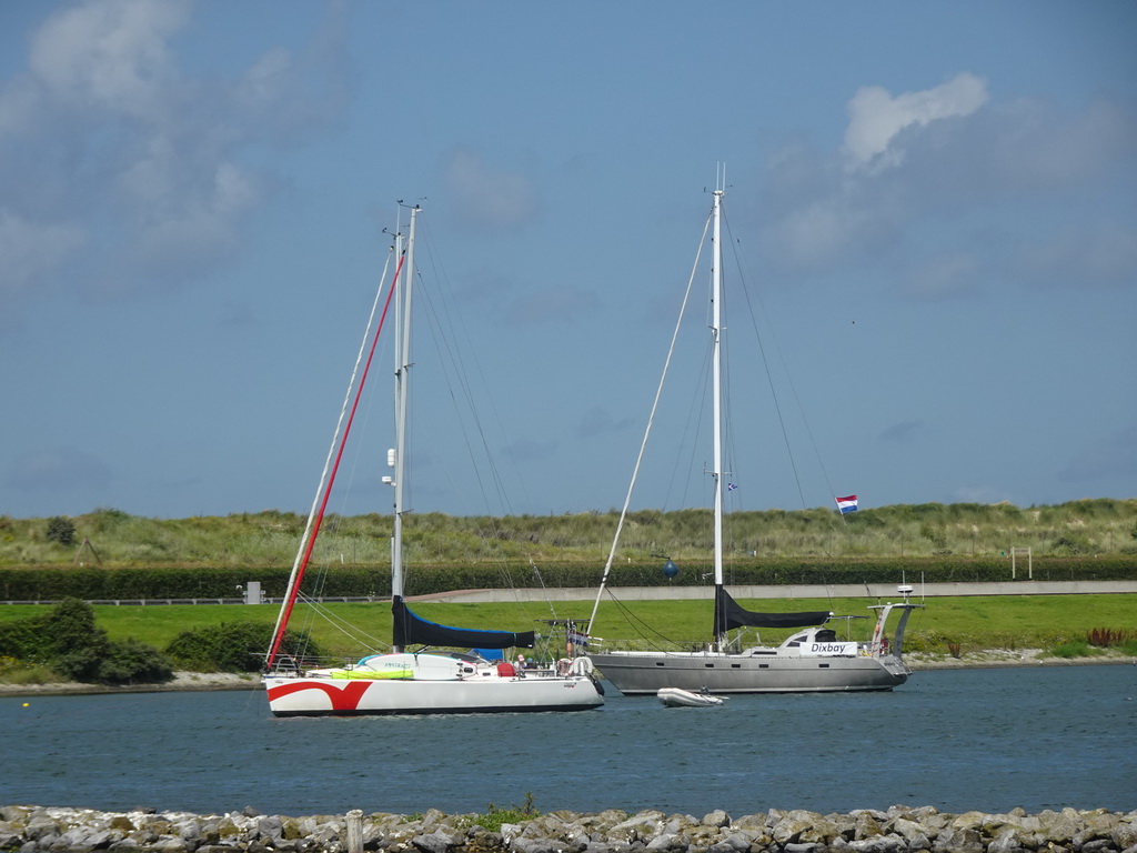 The Brouwersdam and boats in the Grevelingenmeer lake, viewed from the West Repart beach