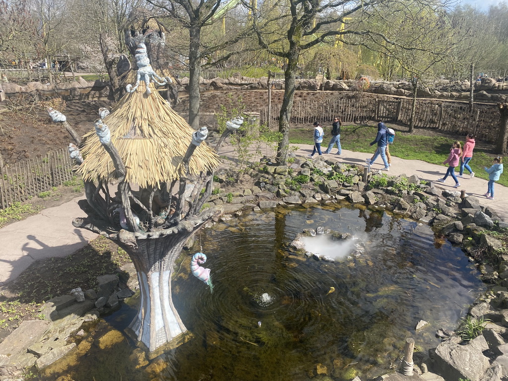 Pond with the Dwervel Djangu at the waiting line for the Djengu River attraction at the Magische Vallei section at the Toverland theme park