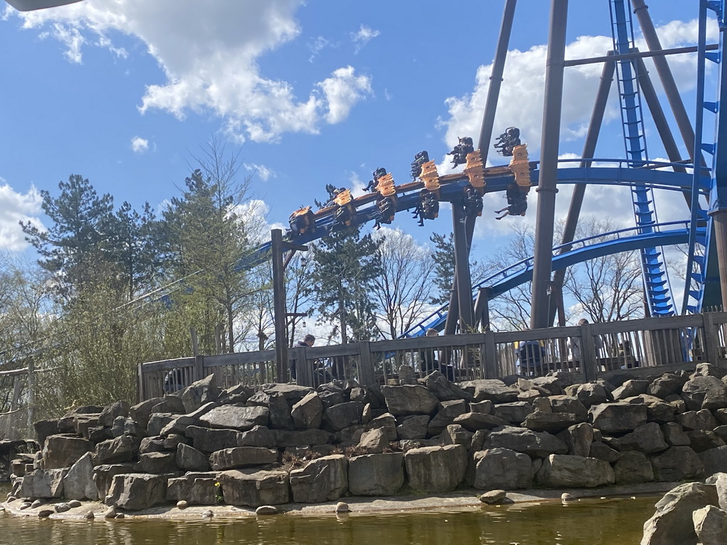 The Fenix attraction at the Avalon section at the Toverland theme park, viewed from our boat at the Merlin`s Quest attraction