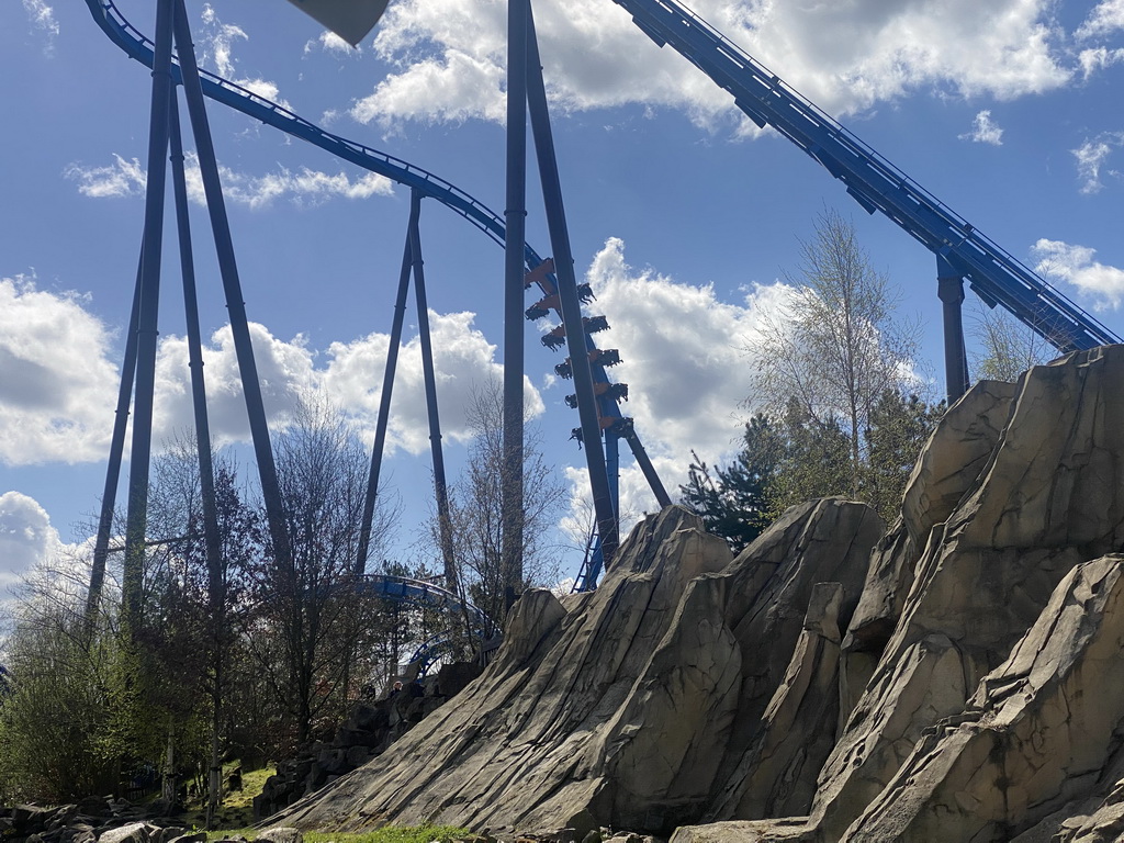 The Fenix attraction at the Avalon section at the Toverland theme park, viewed from our boat at the Merlin`s Quest attraction