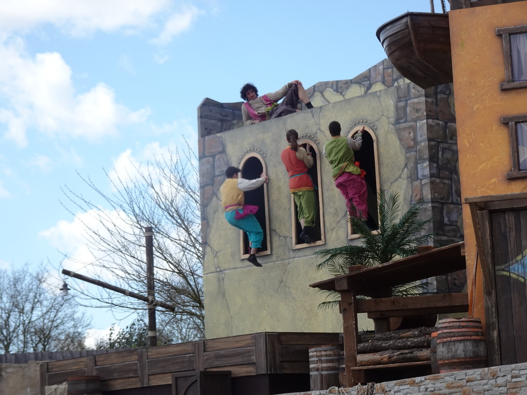 Actors on a trampoline on the stage at the Port Laguna section at the Toverland theme park, during the Aqua Bellatores show