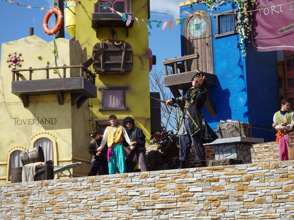 Actors on the stage at the Port Laguna section at the Toverland theme park, during the Aqua Bellatores show