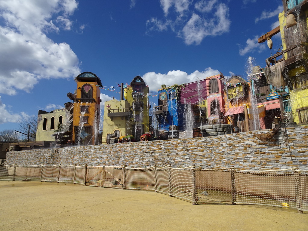 Actors and water on the stage at the Port Laguna section at the Toverland theme park, during the Aqua Bellatores show