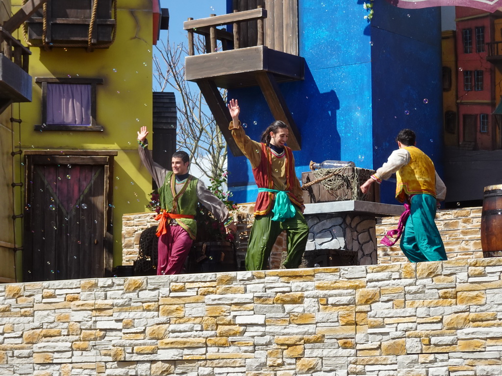 Actors on the stage at the Port Laguna section at the Toverland theme park, during the Aqua Bellatores show