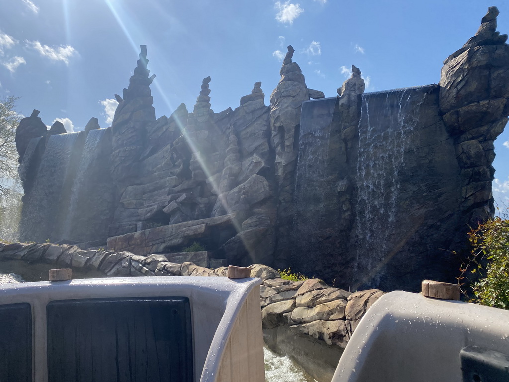 Waterfall at the Djengu River attraction at the Magische Vallei section at the Toverland theme park, viewed from our boat