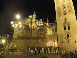 The east side of the Seville Cathedral with the Giralda tower at the Plaza del Triunfo square, by night