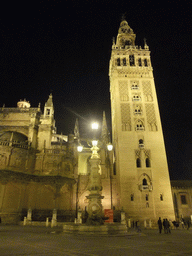 The east side of the Seville Cathedral with the Giralda tower at the Plaza del Triunfo square, by night