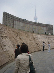 Miaomiao at the Monument to the People`s Heroes at Huangpu Park, and the Oriental Pearl Tower