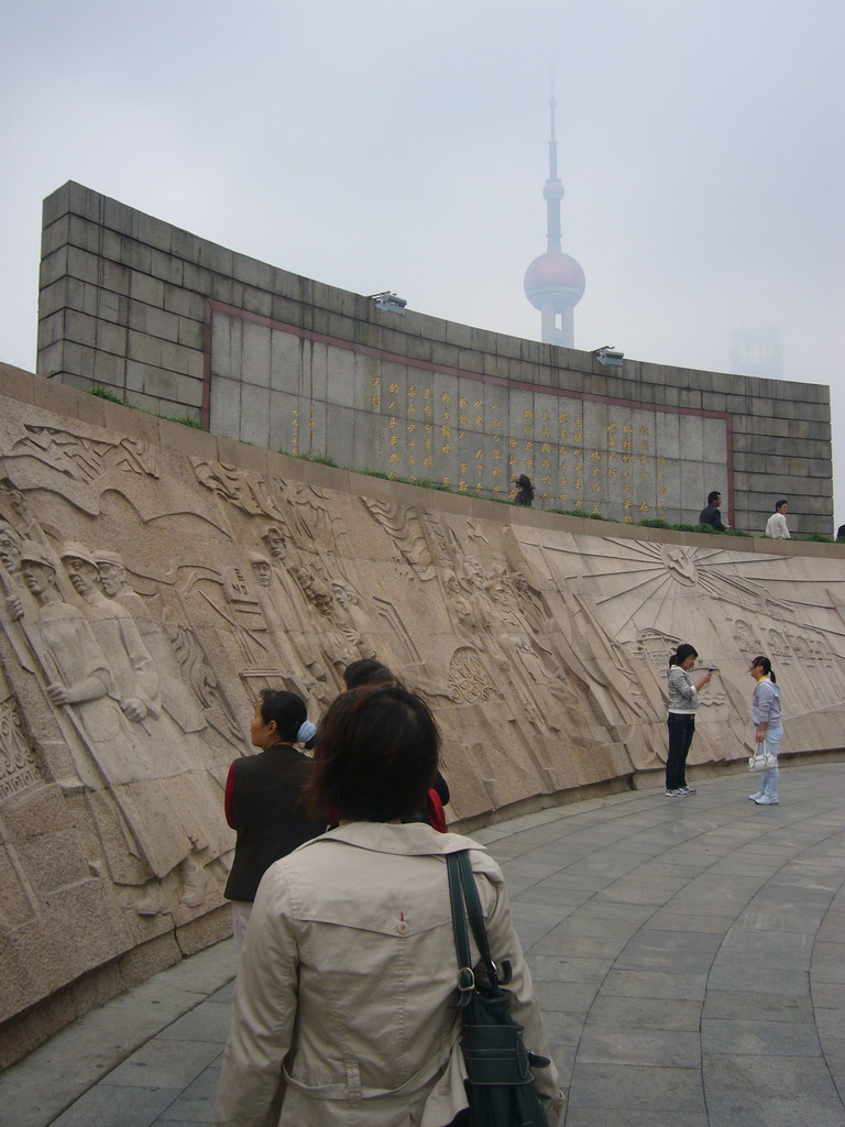 Miaomiao at the Monument to the People`s Heroes at Huangpu Park, and the Oriental Pearl Tower