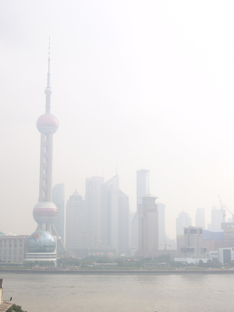 Skyline of the Pudong district, with the Oriental Pearl Tower, viewed from the roof of the Ambassador Hotel, by night