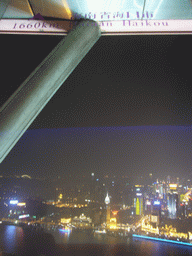 View on the Puxi skyline, with the Guang Ming Building, the Bund Center and other skyscrapers, from the top of the Oriental Pearl Tower, by night