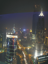 View on the the Jin Mao Tower, the Bank of China Tower and the Shanghai World Financial Center (under construction), from the top of the Oriental Pearl Tower, by night