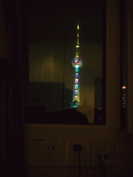 The Oriental Pearl Tower, viewed from our room in the Ambassador Hotel, by night