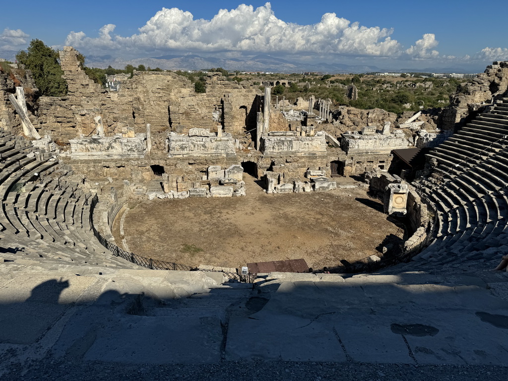 Auditorium, orchestra, stage and stage building of the Roman Theatre of Side, viewed from the diazoma of the southwest auditorium