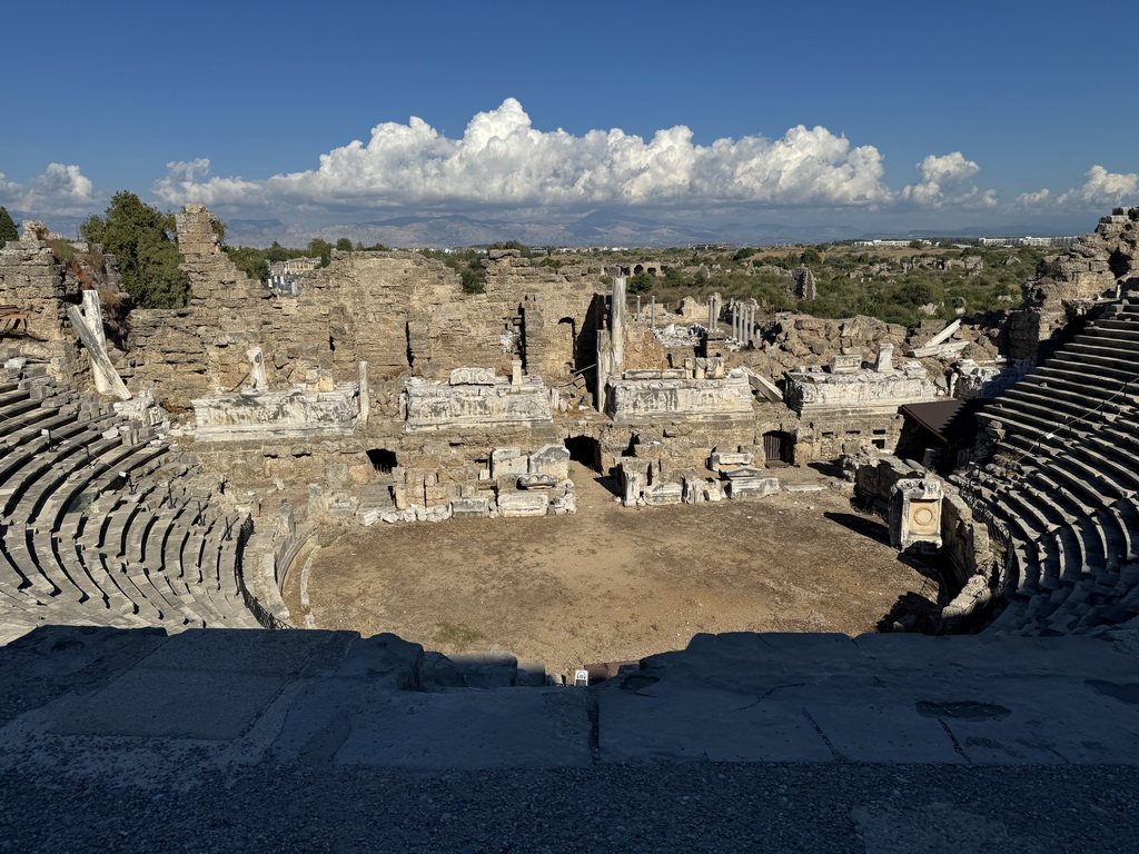 Auditorium, orchestra, stage and stage building of the Roman Theatre of Side, viewed from the diazoma of the southwest auditorium