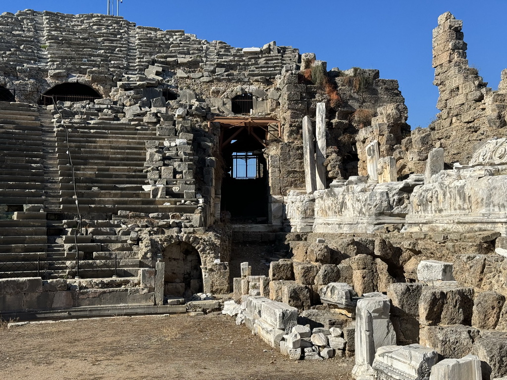 Northwest auditorium, orchestra, stage and stage building of the Roman Theatre of Side, viewed from the southeast auditorium