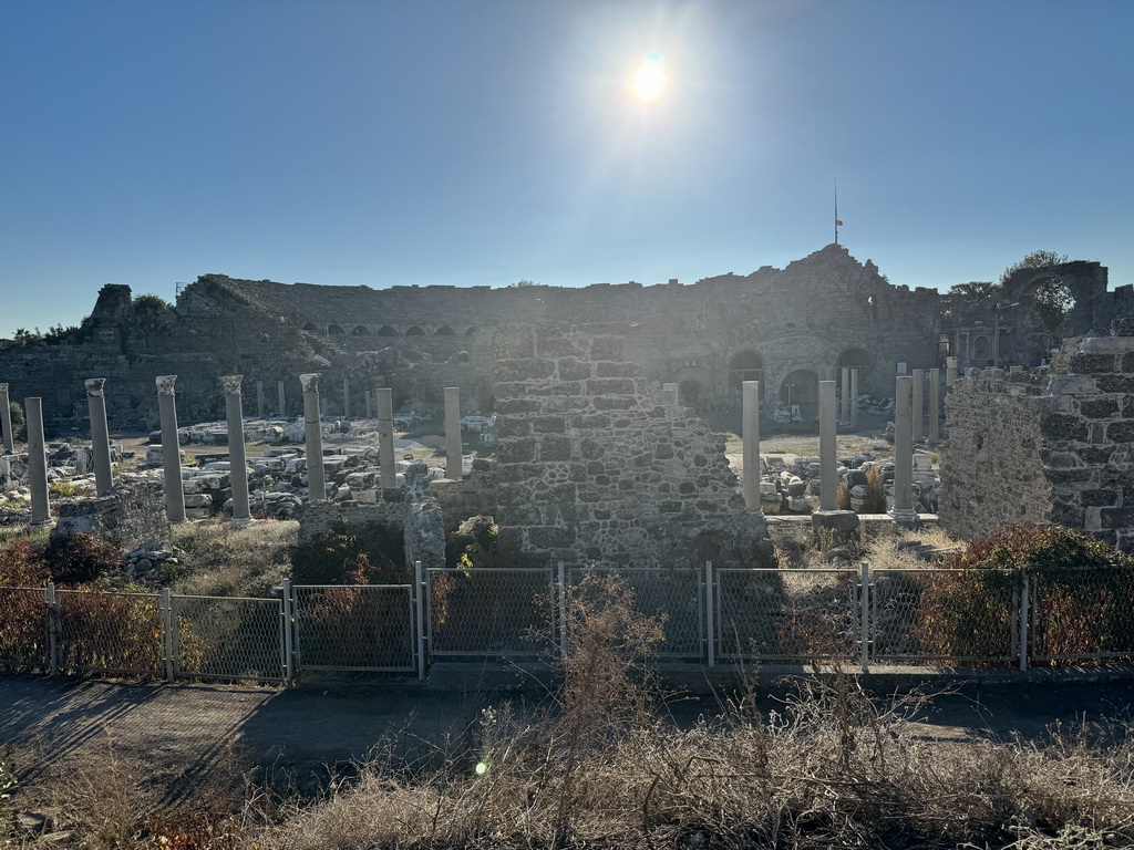 The Trade Agora and the Roman Theatre of Side, viewed from a hill at the Houses with Consoles