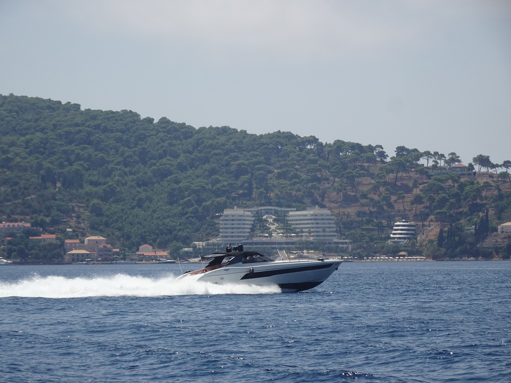 Boat in front of the Lafodia Hotel & Resort at Lopud island, viewed from the Elaphiti Islands tour boat