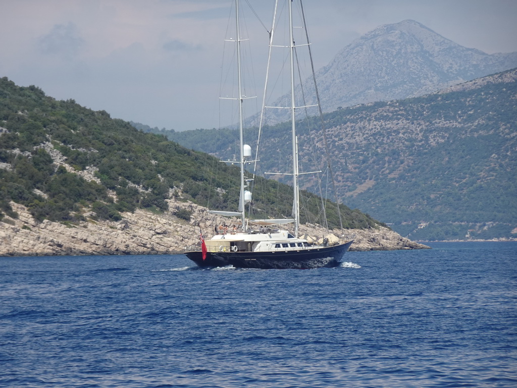 Boat in front of the east side of Sipan island, viewed from the Elaphiti Islands tour boat