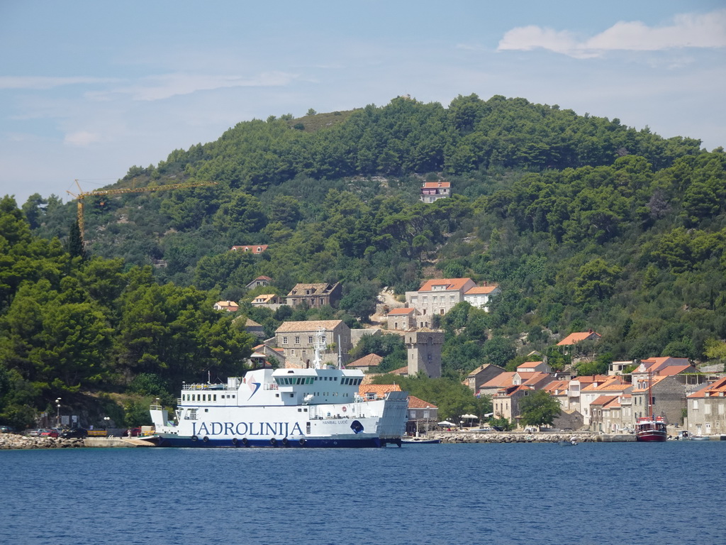 The cruise ship `Jadrolinija Hanibal Lucic` and other boats at the Sudurad Harbour, viewed from the Elaphiti Islands tour boat