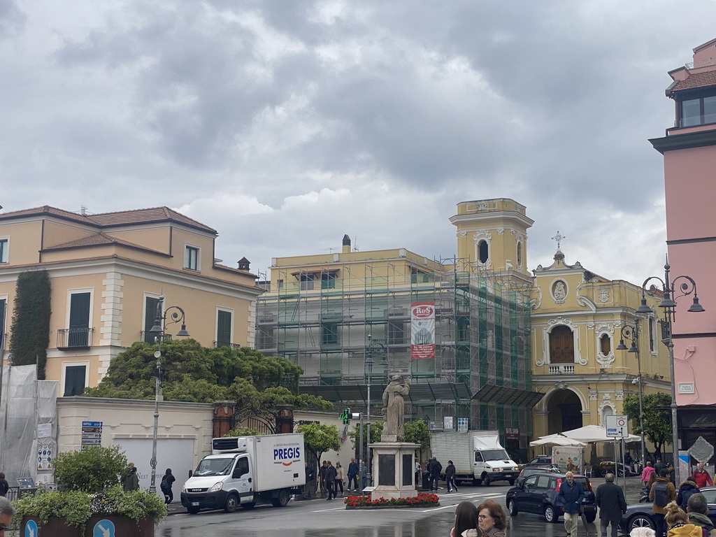 East side of the Piazza Torquato Tasso square with a statue of San Antonino Abbate and the Santuario del Carmine sanctuary