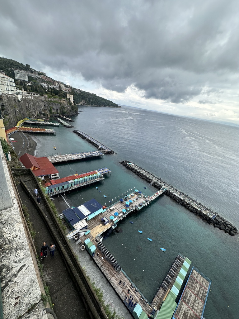 The piers at the San Francesco beach, viewed from the Villa Comunale di Sorrento park