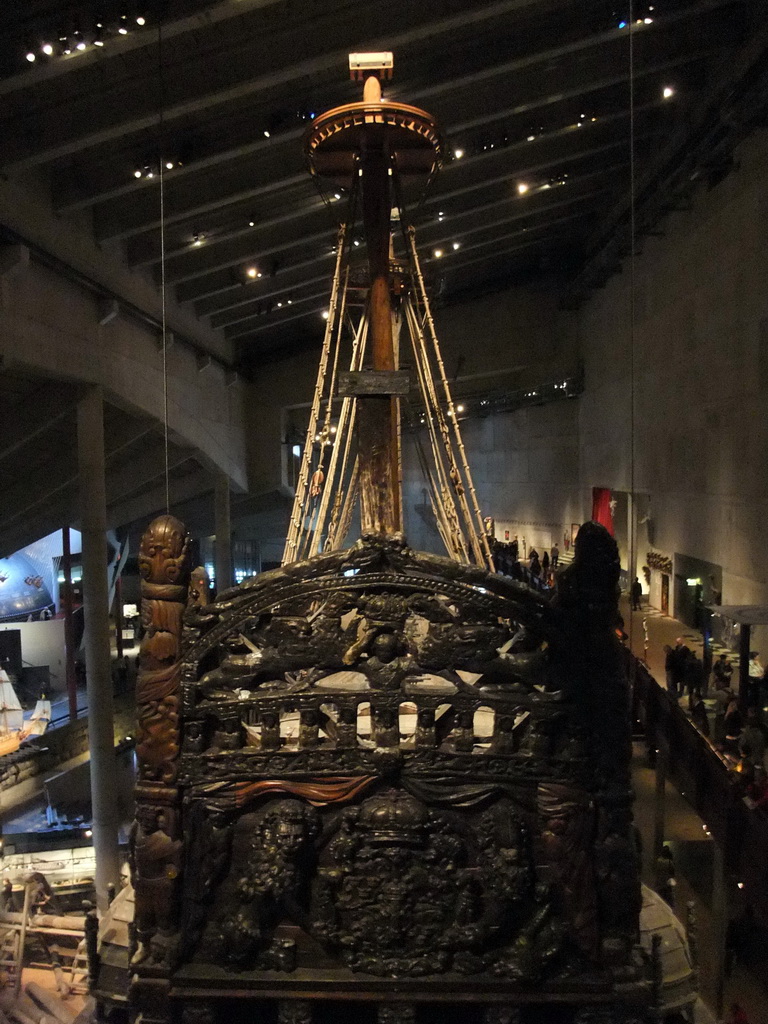 The masts and back side of the Vasa ship, in the Vasa Museum