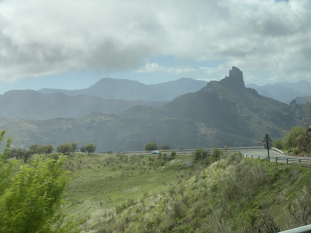 The Roque Bentayga rock, viewed from the tour bus on the GC-15 road