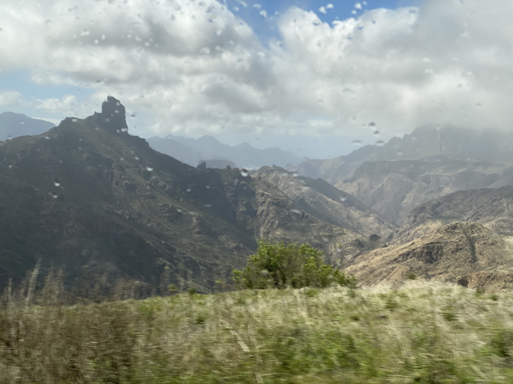 The Roque Bentayga rock, viewed from the tour bus on the GC-15 road