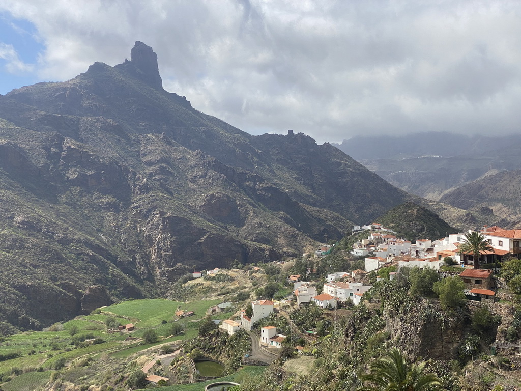 The Roque Bentayga rock and the west side of the town, viewed from the Calle Dr. Domingo Hernández Guerra street