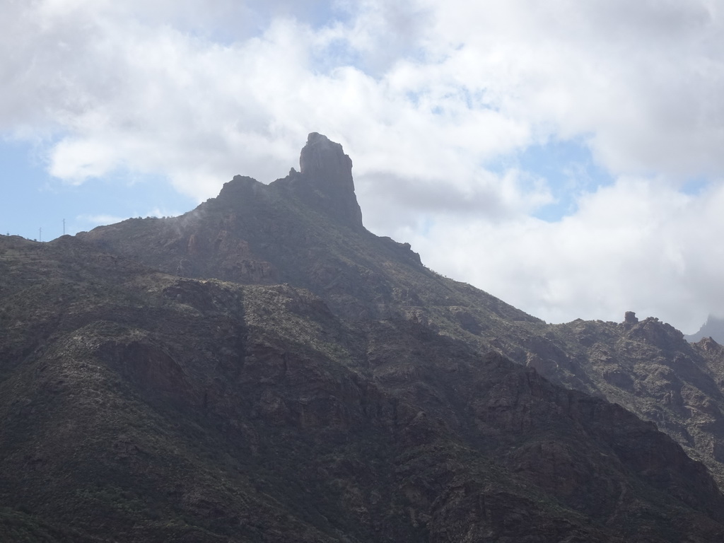 The Roque Bentayga rock, viewed from the parking lot at the Calle Dr. Domingo Hernández Guerra street