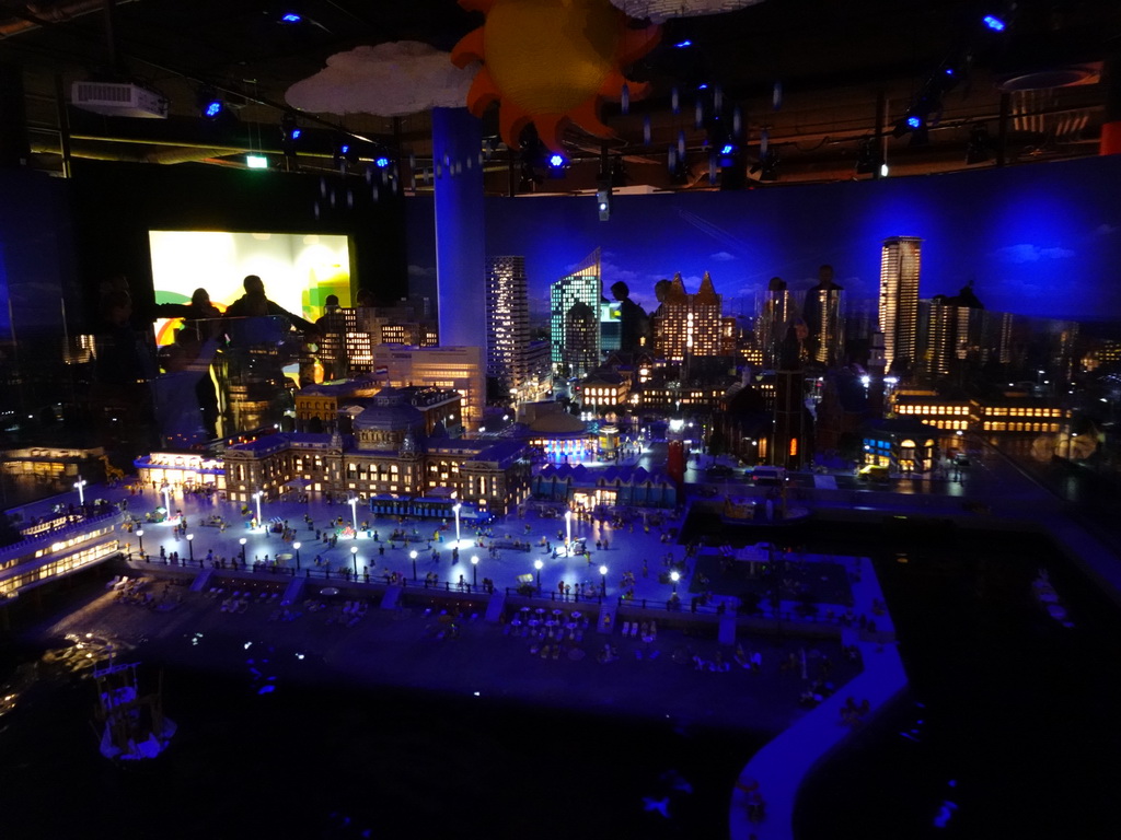 Scale models of the Kurhaus building and other buildings at the The Hague Miniland at the Legoland Discovery Centre, by night