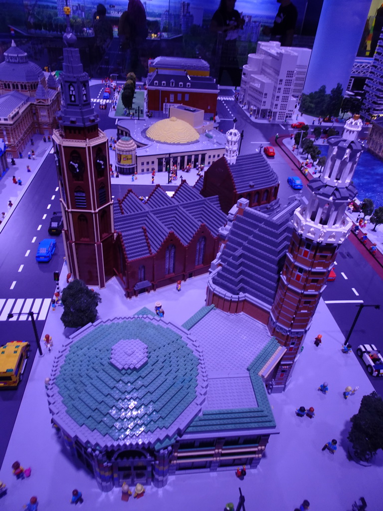 Scale models of the Circustheater Scheveningen, the St. James` Church, the Sting store and other buildings at the The Hague Miniland at the Legoland Discovery Centre, by night