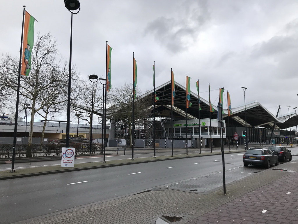 Front of the Tilburg Railway Station at the Spoorlaan street, with carnaval banners