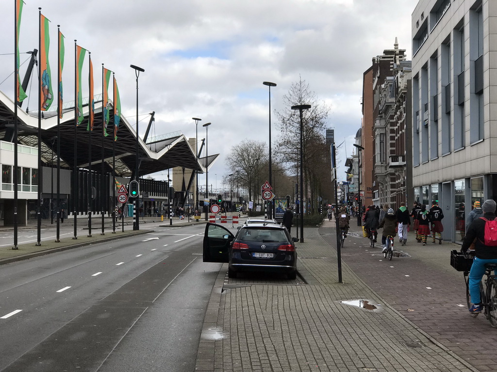 Front of the Tilburg Railway Station at the Spoorlaan street, with carnaval banners