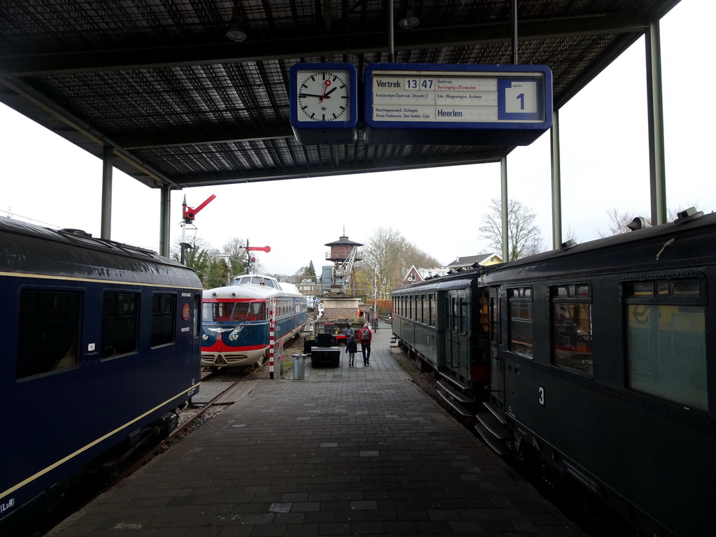 Old trains and tower at the exterior Werkterrein area of the Spoorwegmuseum