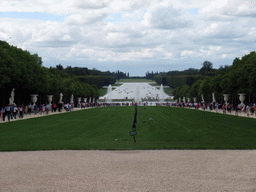 The Tapis Vert lawn, the Bassin d`Apollon fountain and the Grand Canal in the Gardens of Versailles