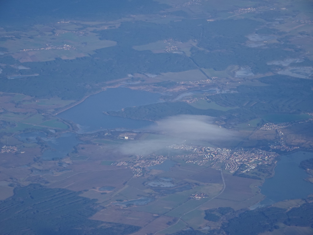 The Kánov and Romberk lakes and the town of Trebon in the Czech Republic, viewed from the airplane from Eindhoven