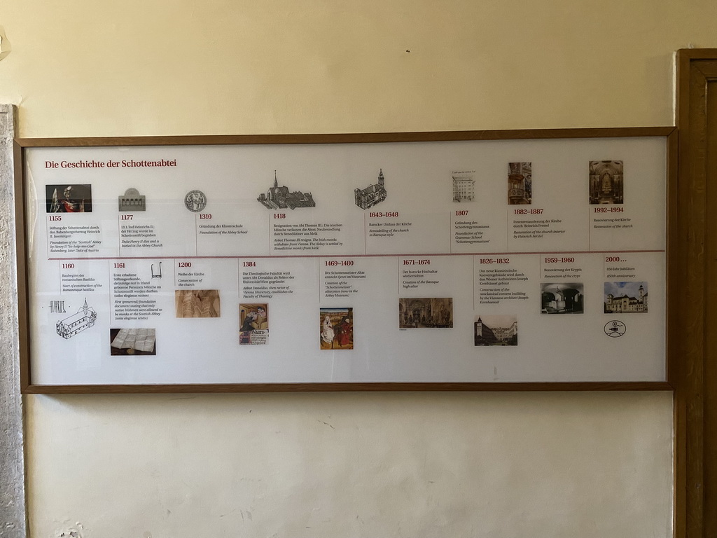 Information on the history of the Schottenstift Abbey at the ground floor of the Benediktushaus im Schottenstift hotel