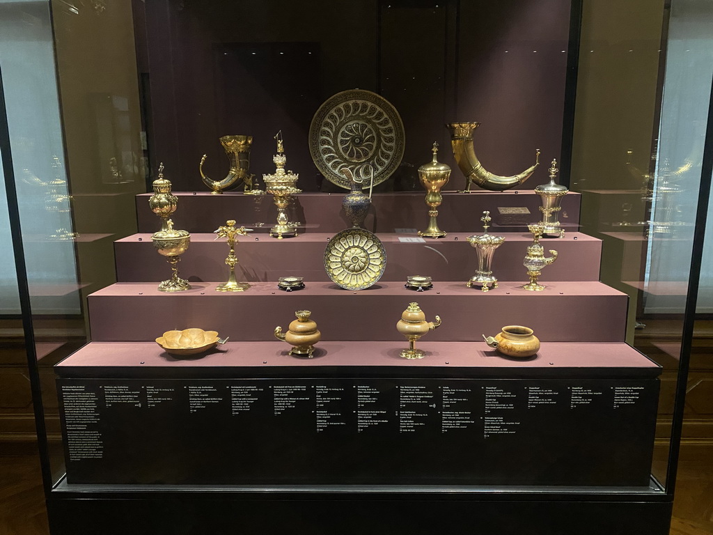 Plates, cups and drinking horns at Room XXXV of the Kunstkammer Vienna at the upper ground floor of the Kunsthistorisches Museum Wien, with explanation