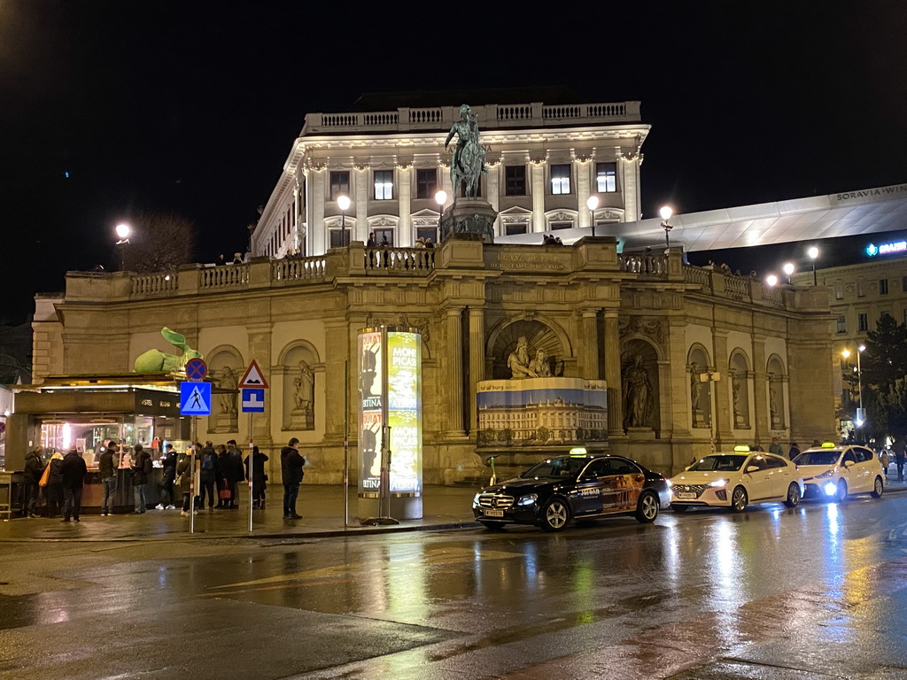 The Albertinaplatz square with the Albrechtsbrunnen fountain and the front of the Albertina museum with the Archduke Albrecht Monument, by night