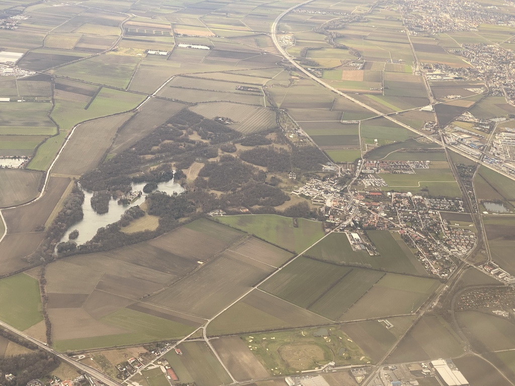 The Schlosspark Laxenburg park with the Franzensburg Castle, viewed from the airplane to Eindhoven